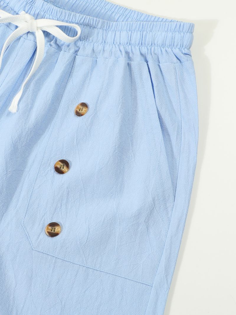 Pantaloncini estivi da uomo in cotone e lino, casual americani, larghi e dritti, con bottoni_voghion.com