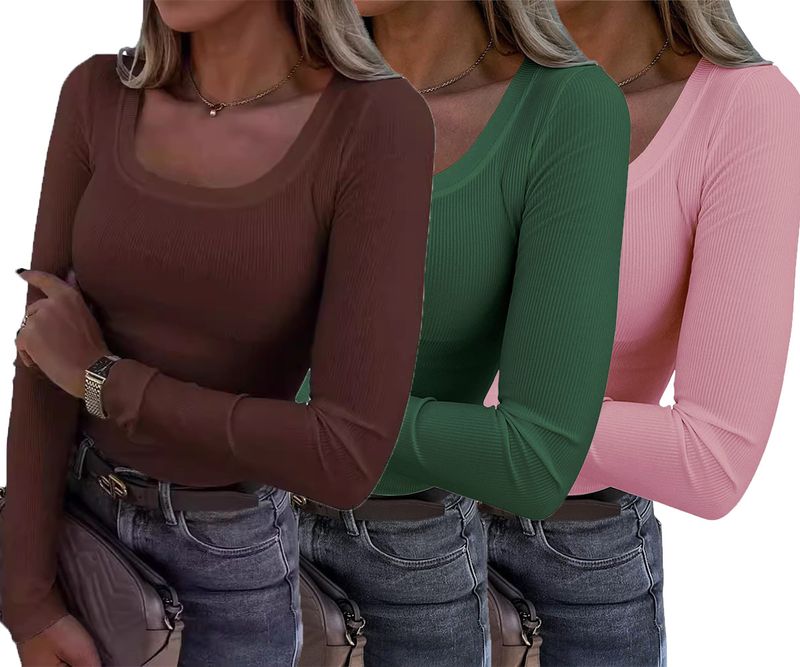 Women's Clothing Long Sleeved Slim Elastic Round Neck Ribbed T Shirt Casual Basic Tops_voghion.com