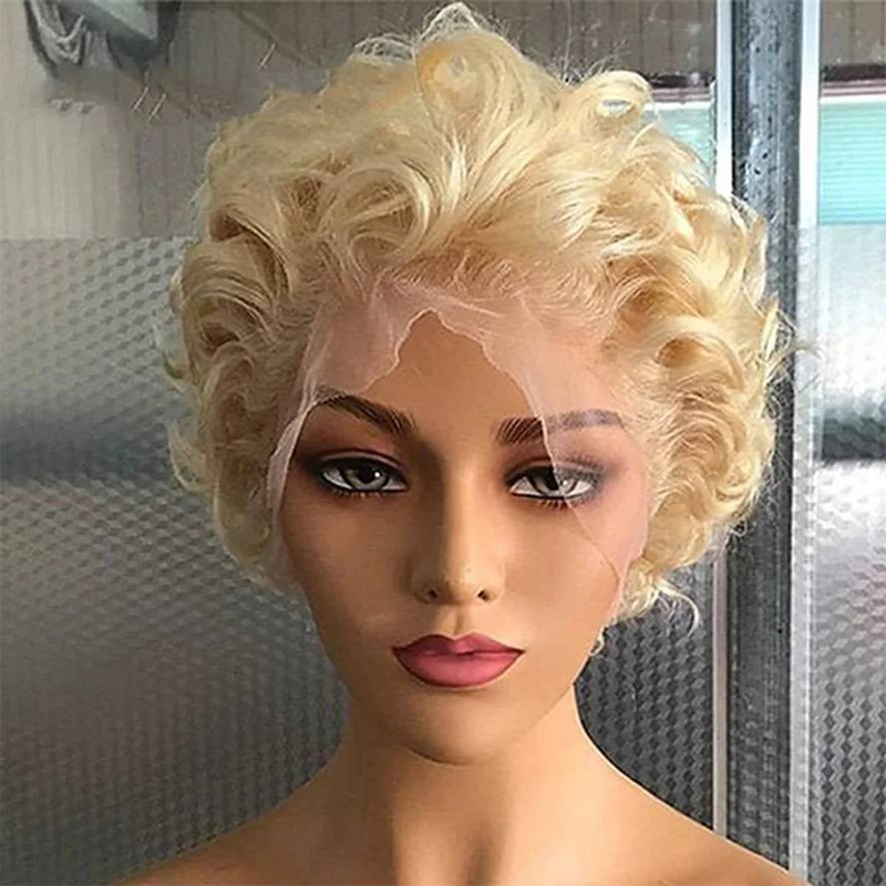 Tocado de cabello 100% humano con encaje frontal de 13*4 para cabello rubio claro con permanente y rizado. Tocado de cabello humano de alta calidad que se puede peinar de cualquier manera._voghion.com