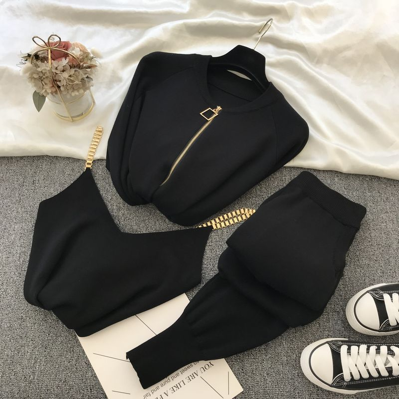 Dammekleedung modesch gestréckte V-Hals Pullover + Casual Hosen Zwee-Stéck Set_voghion.com