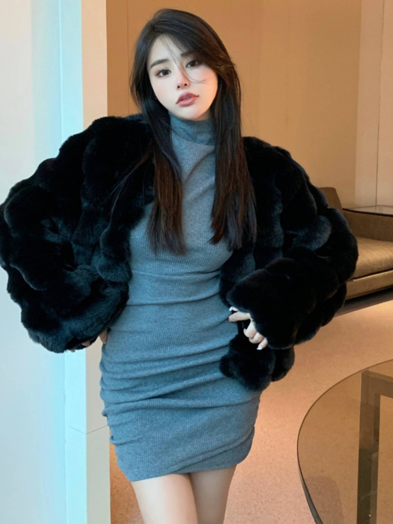 Ropa de mujer Abrigo corto de piel de conejo de temperamento amigable Ropa de mujer de lana de cordero Abrigo de piel grueso y cálido_voghion.com