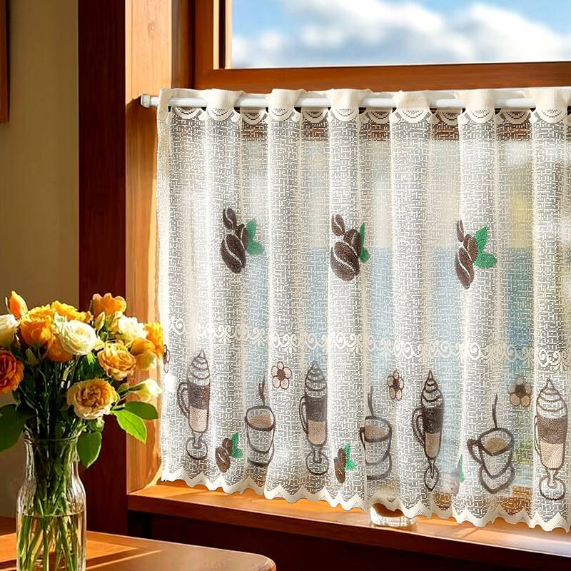 Tea Cup Embroidered Lace Curtain – Rustic Farmhouse Kitchen & Bathroom Valance – Polyester Café Curtains With Elegant Design (Multiple Sizes)_voghion.com
