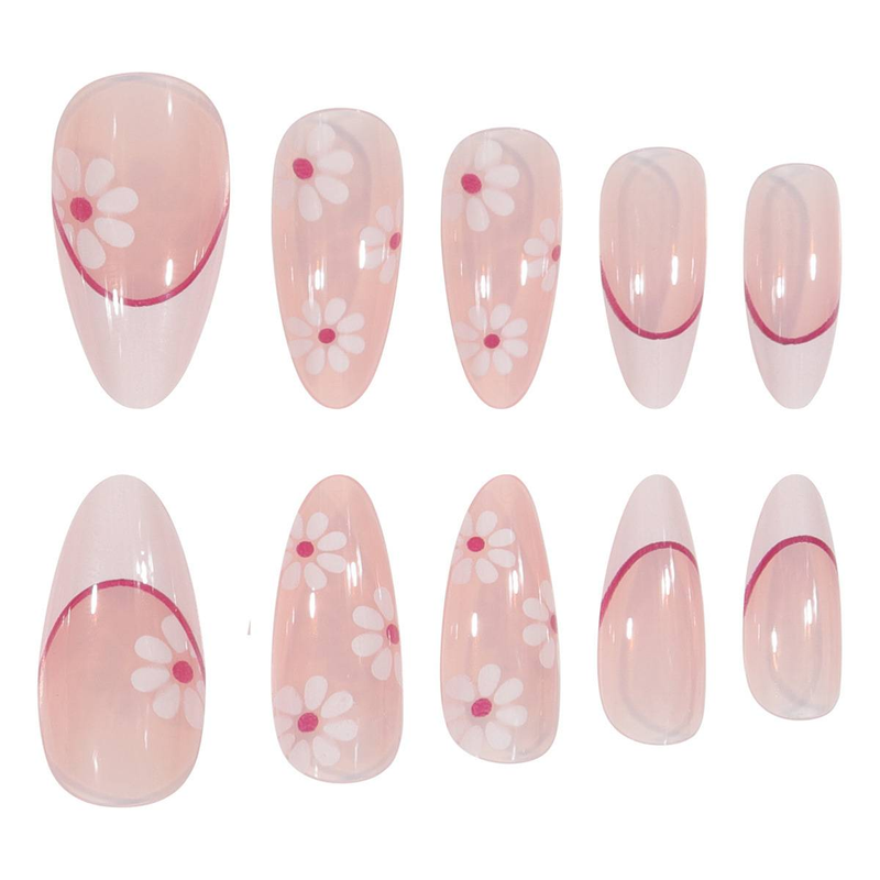 Elegante, französisch inspirierte Press-On-Nägel mit zartem roten Blumendesign – wiederverwendbare künstliche Nägel für Frauen, natürlich aussehendes Maniküre-Set_voghion.com