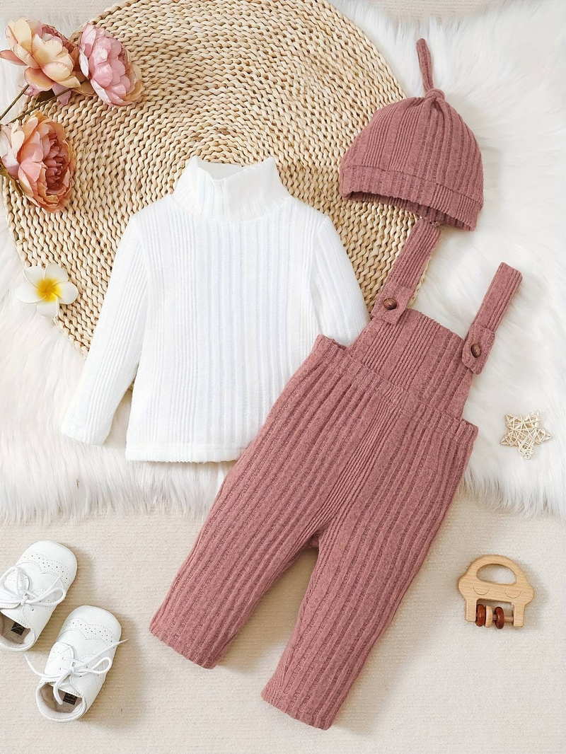 Completo in maglia con fodera in pile per neonata: top con collo alto e salopette (6 mesi-3 anni)_voghion.com