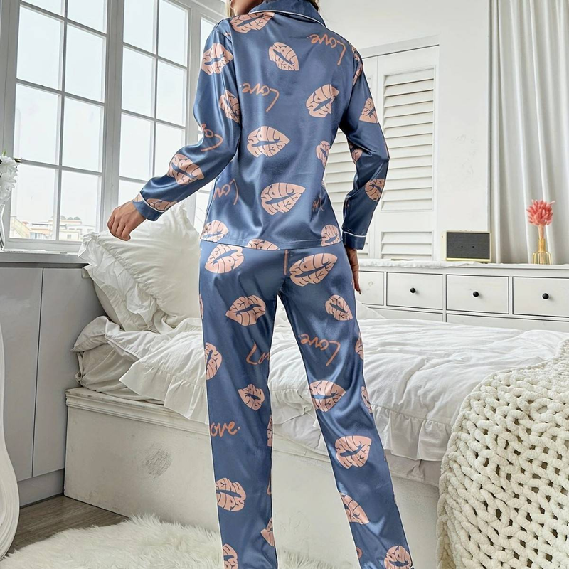 Luxury Blue Lip Print Silk Sleepwear Set - V-Neck Long Sleeve Pajamas For Women, Lightweight & Breathable, Home & Lounge Wear_voghion.com
