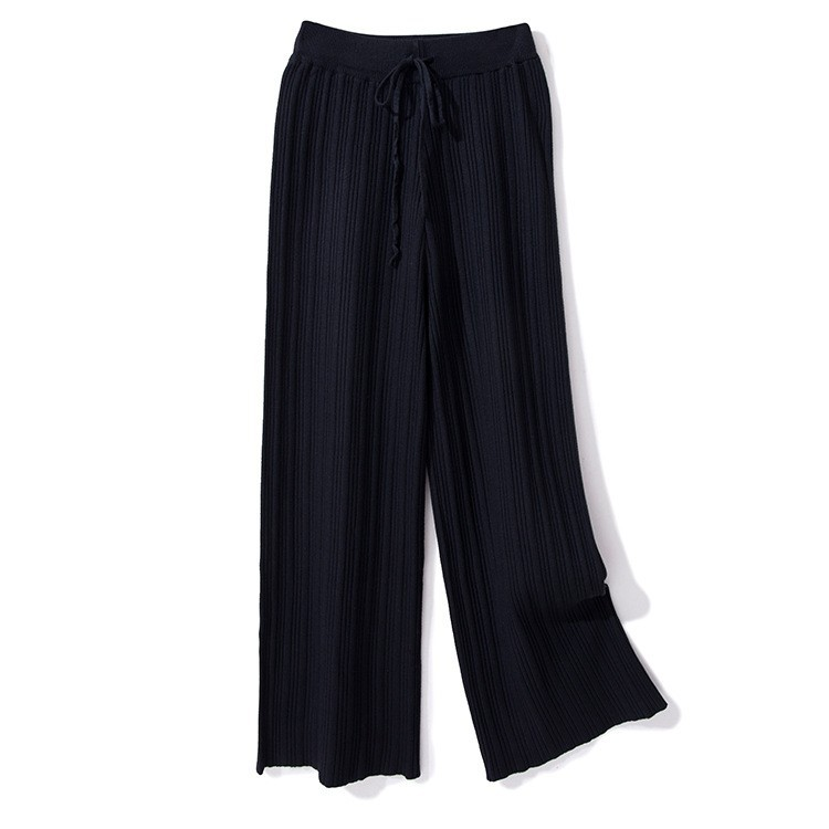 Damenbekleidung – Hoch taillierte Strickhose mit weitem Bein – Drapierte Hose im koreanischen Stil (Weiß/Khaki/Grau/Schwarz, Einheitsgröße)_voghion.com