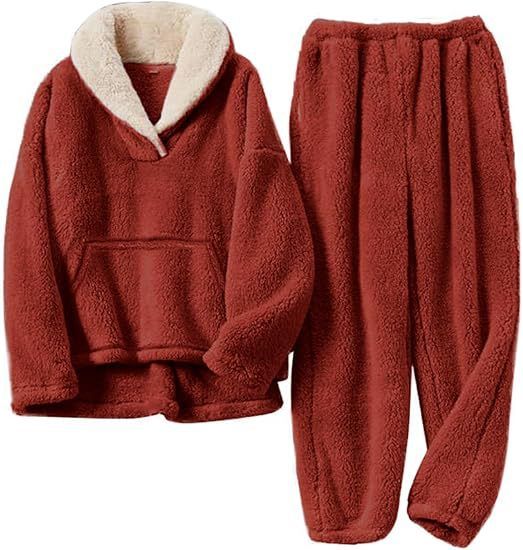 Women's Cozy Fleece Pajama Set With Kangaroo Pocket - Winter Warm Sleepwear & Loungewear For Home, Soft And Comfortable, Plus Size Available_voghion.com