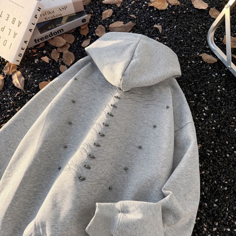 Übergroßer Cleanfit-Hoodie für Herren und Damen mit Vintage-Perlenstickerei – Lockere Passform, lässiger Unisex-Pullover mit Reißverschlusstaschen_voghion.com
