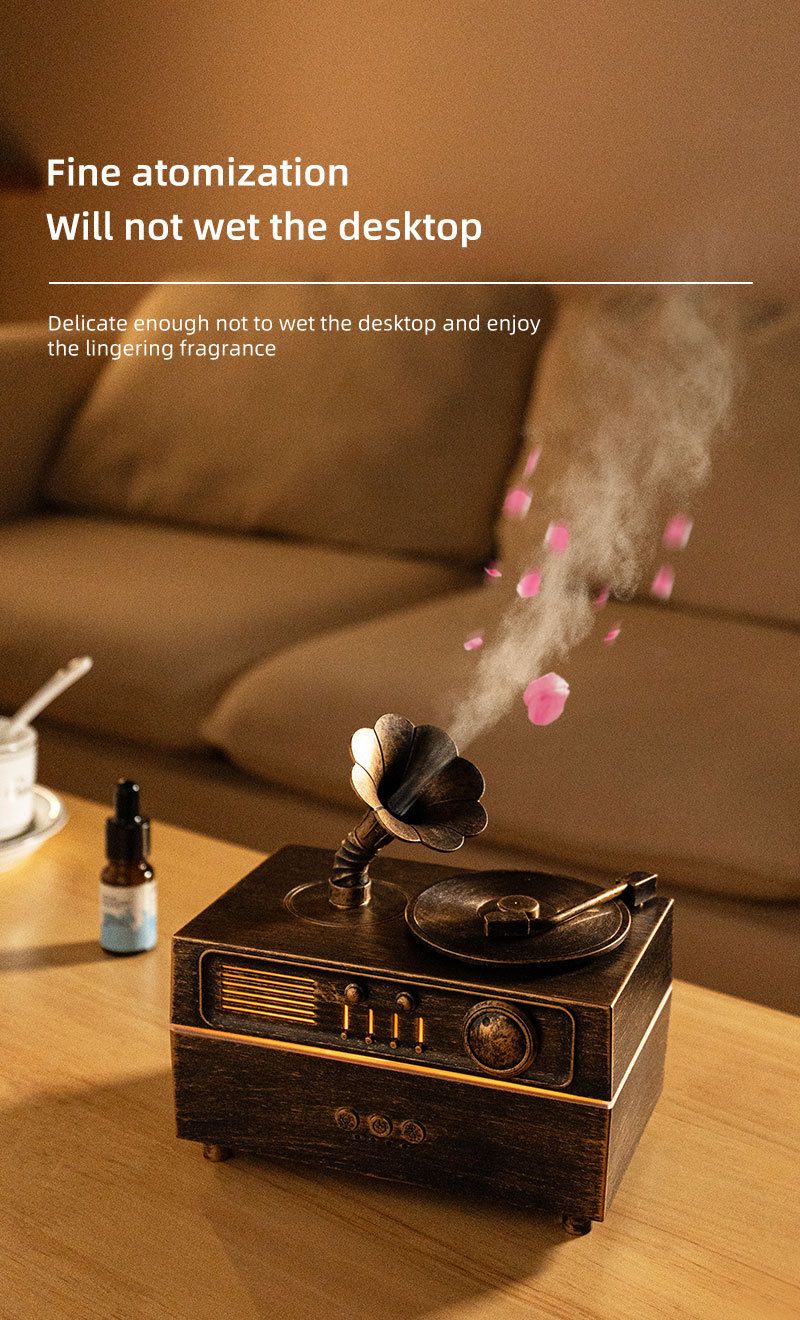 Enceinte Bluetooth et humidificateur YX3800 en forme de gramophone vintage – Diffuseur d'arômes ultrasonique avec base rotative, lumières LED colorées, réservoir de 0,5 L, arrêt automatique_voghion.com