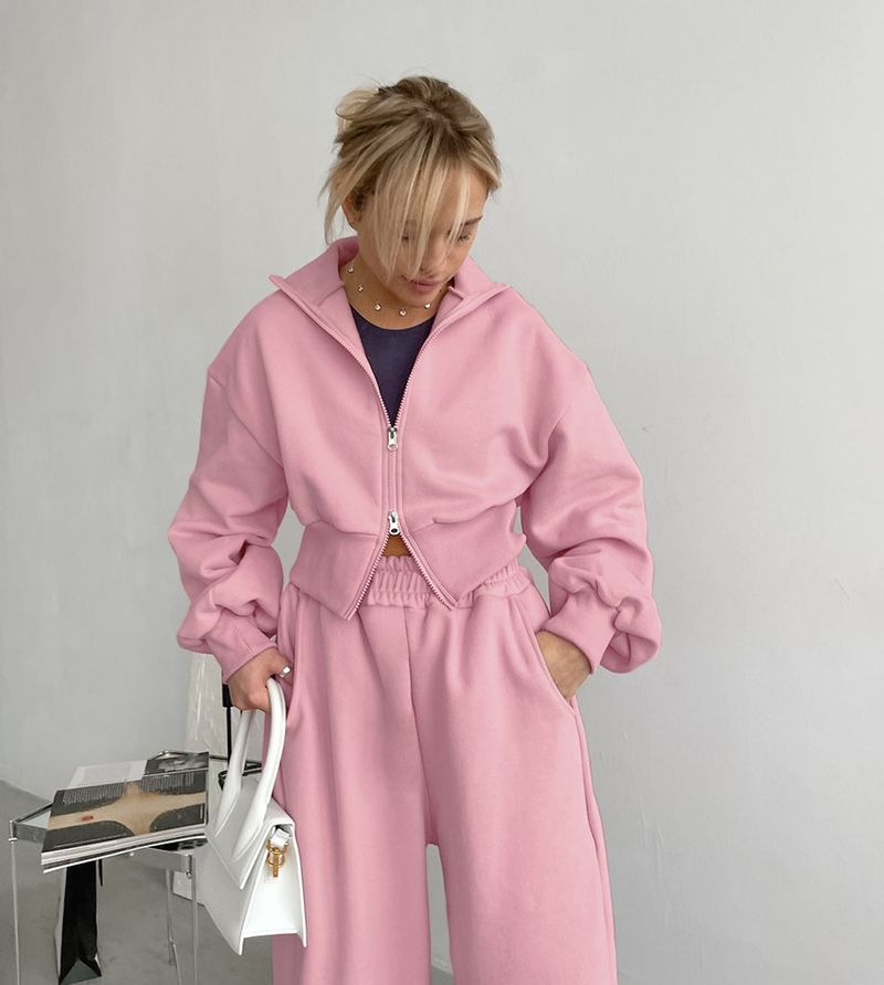 Sweat à capuche en polaire tricoté pour femmes, survêtement deux pièces à double fermeture éclair, à la mode_voghion.com