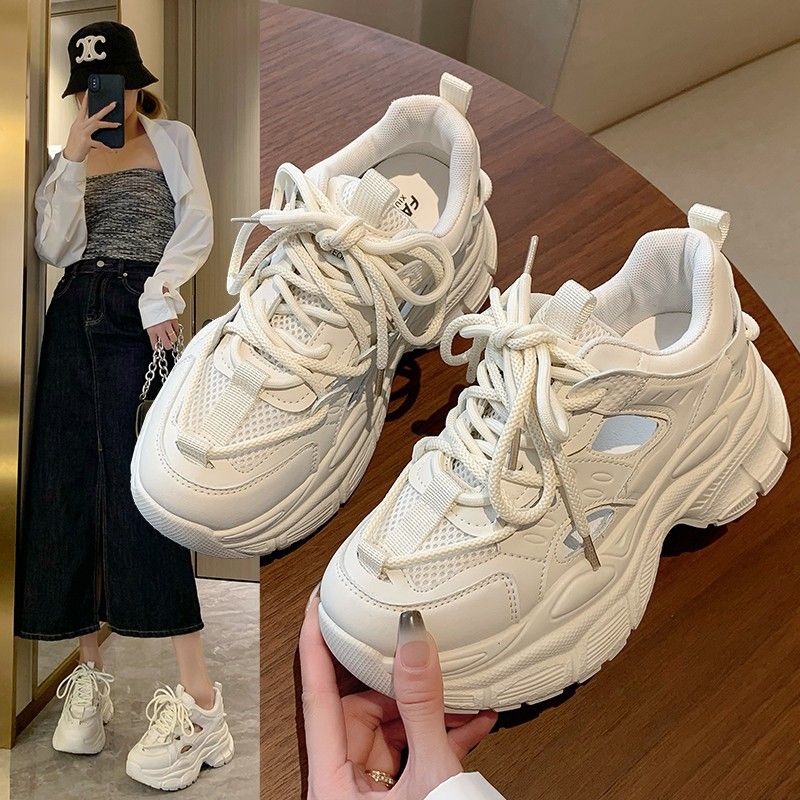 Zapatos de papá para mujer, estilo primavera/verano/otoño 2023, con suela gruesa y superficie de malla resistente a la rotura._voghion.com