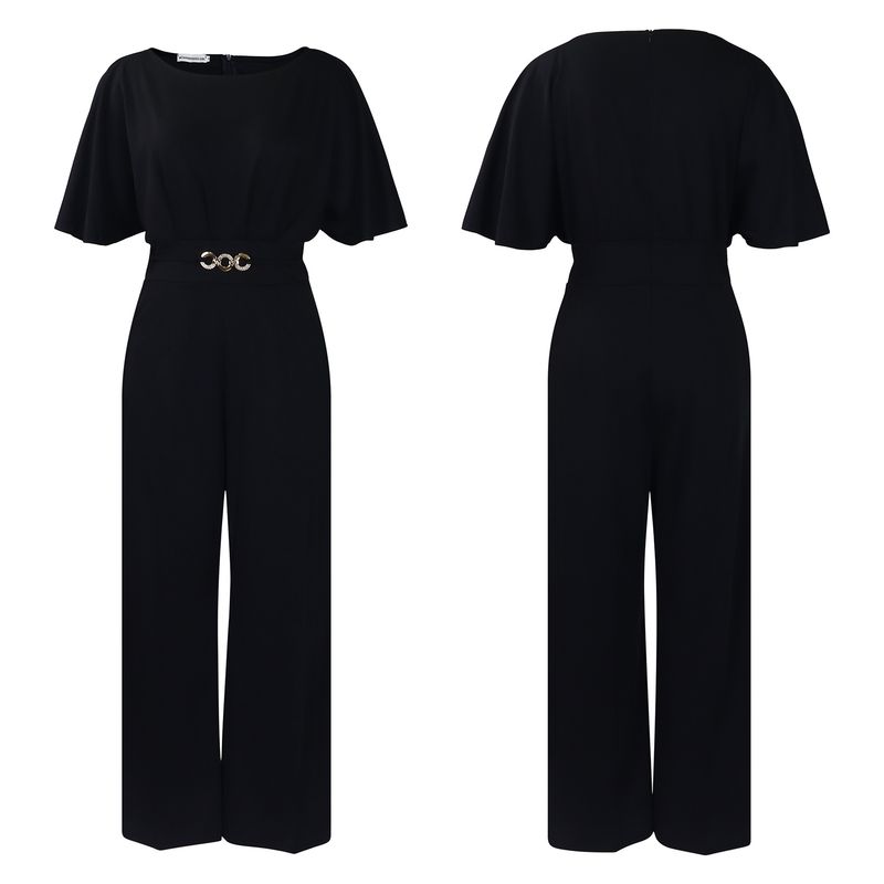 Roupas femininas moda verão feminina gola redonda cor sólida cintura alta tamanho grande perna larga macacão_voghion.com