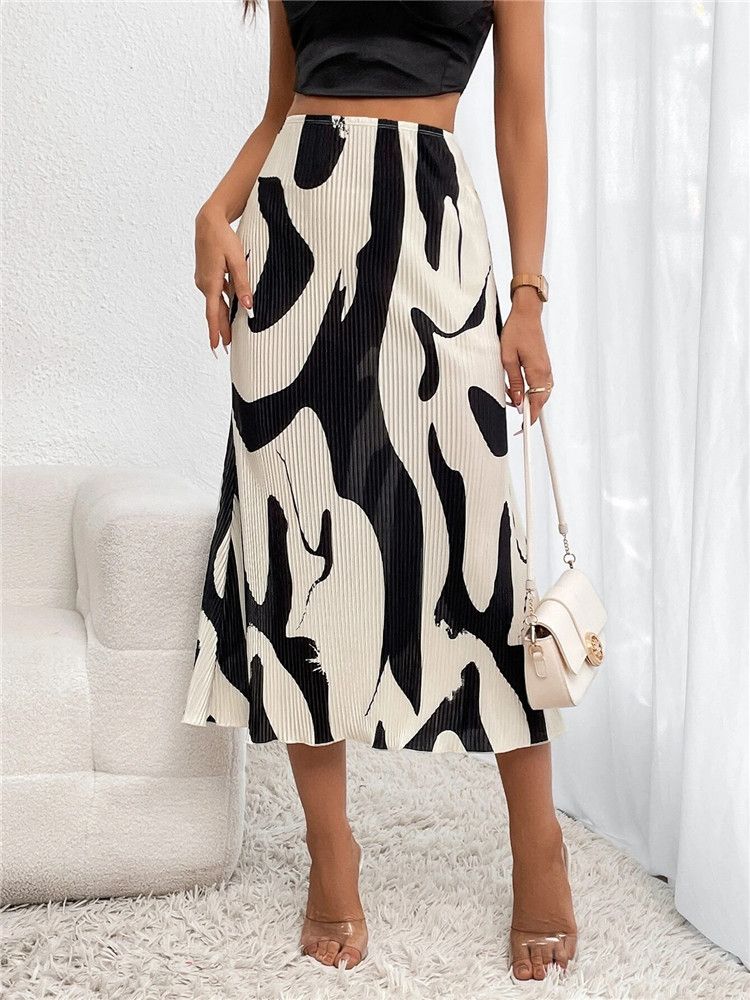 vendita calda elegante casual stampa grafica gonne lunghe a pieghe donna moda autunno elastico a vita alta geometria gonna longuette streetwear_voghion.com