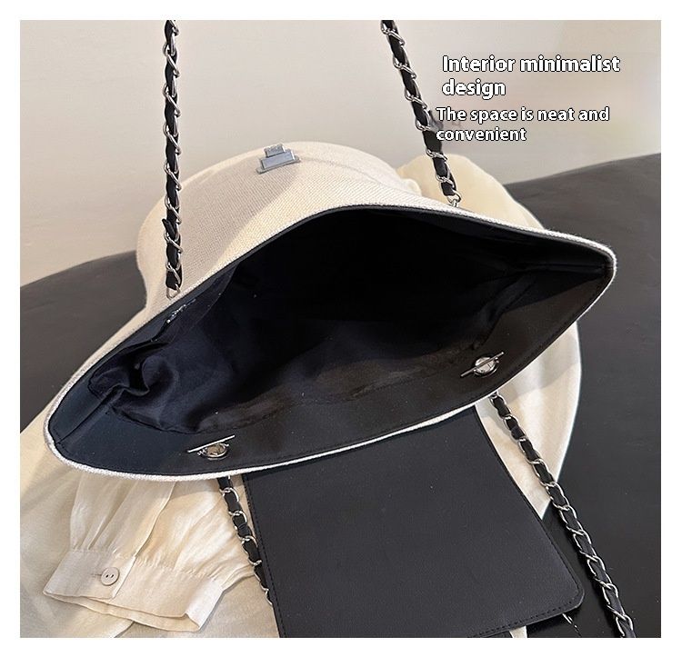 2024 Nuova borsa tote coreana grande capacità borsa a tracolla a contrasto di colore borsa alla moda borsa a cestino con tracolla a catena borsa a tracolla alla moda_voghion.com