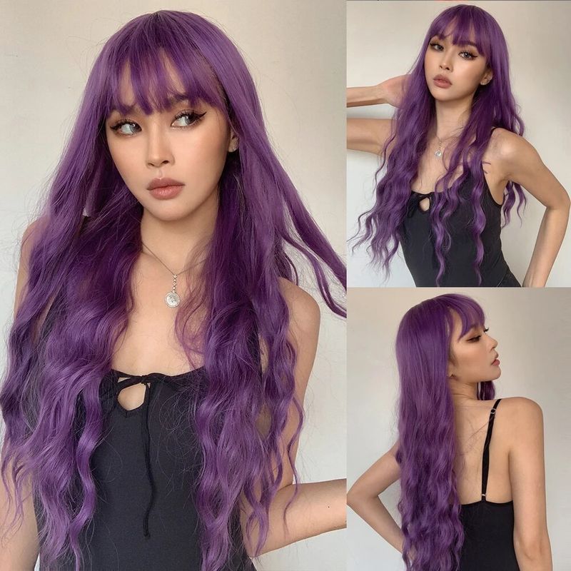 Parrucche sintetiche nere naturali Parrucche lunghe ondulate con frangia Parrucca per capelli quotidiani Cosplay per donne Parrucche in fibra resistente al calore_voghion.com