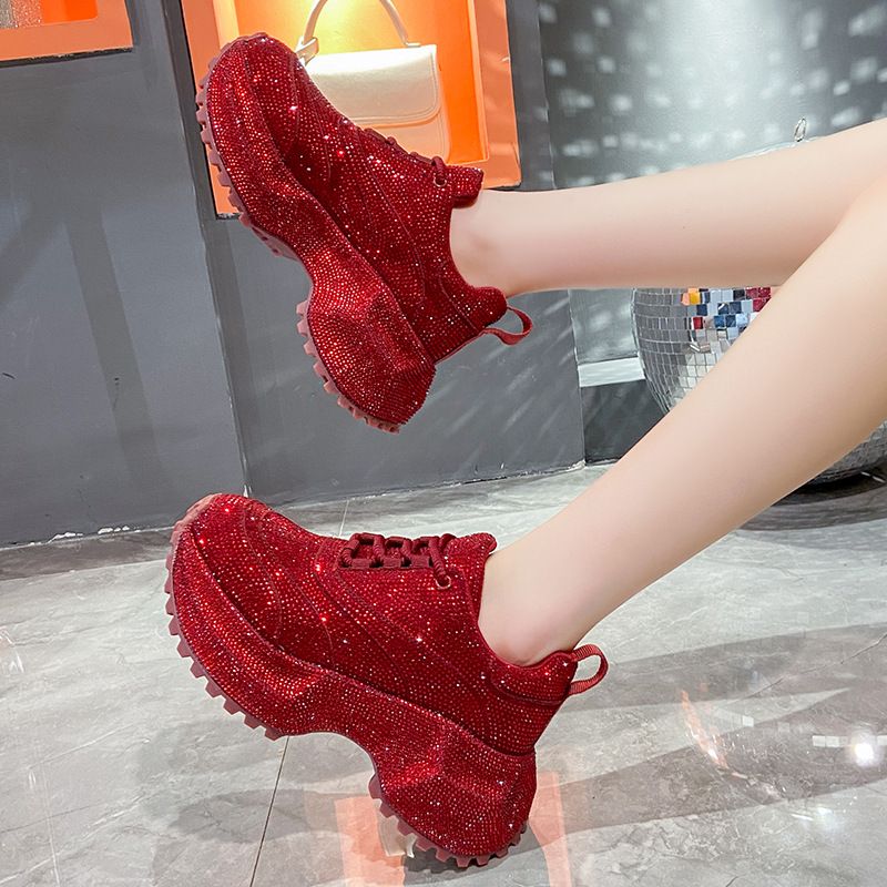 Modische Damen-Sneaker mit Strasssteinen – klobige Plateauschuhe für mehr Körpergröße, atmungsaktives Obermaterial aus PU, lässige und trendige Low-Top-Schnürschuhe_voghion.com