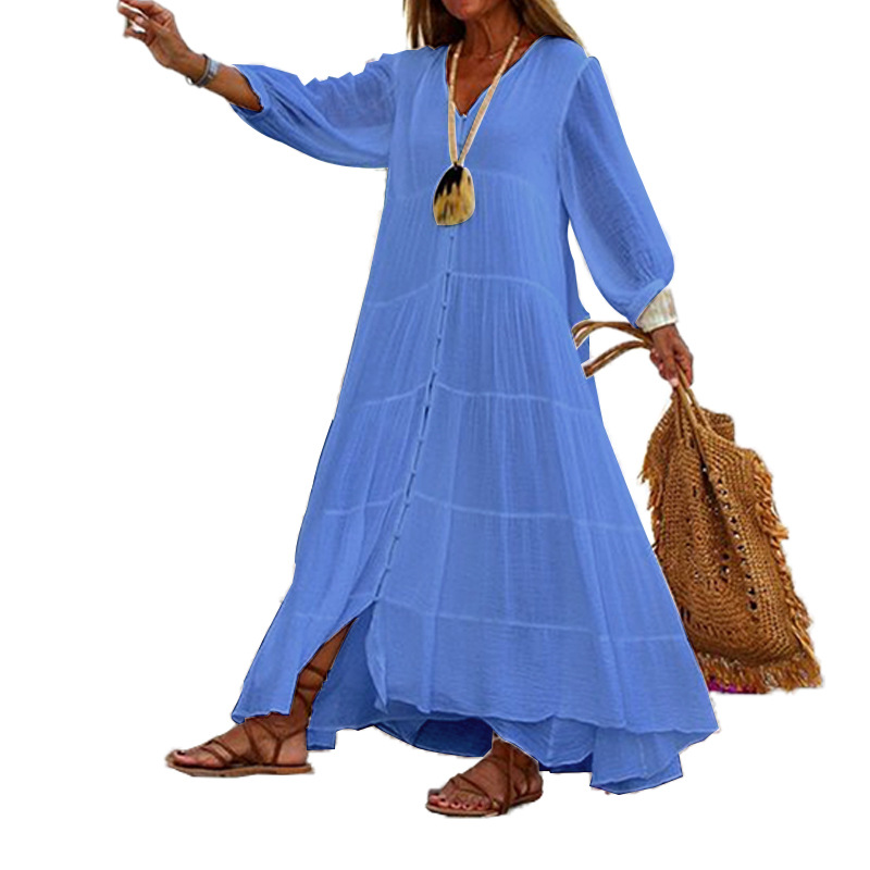 Damenbekleidung, einfarbig, V-Ausschnitt, langärmelig, böhmisches Baumwoll-Hanf-Kleid_voghion.com