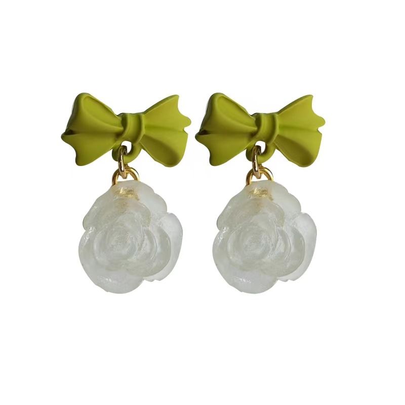Women's earrings spring new style trendy bow earrings green retro camellia ear clips for women without pierced ears_voghion.com