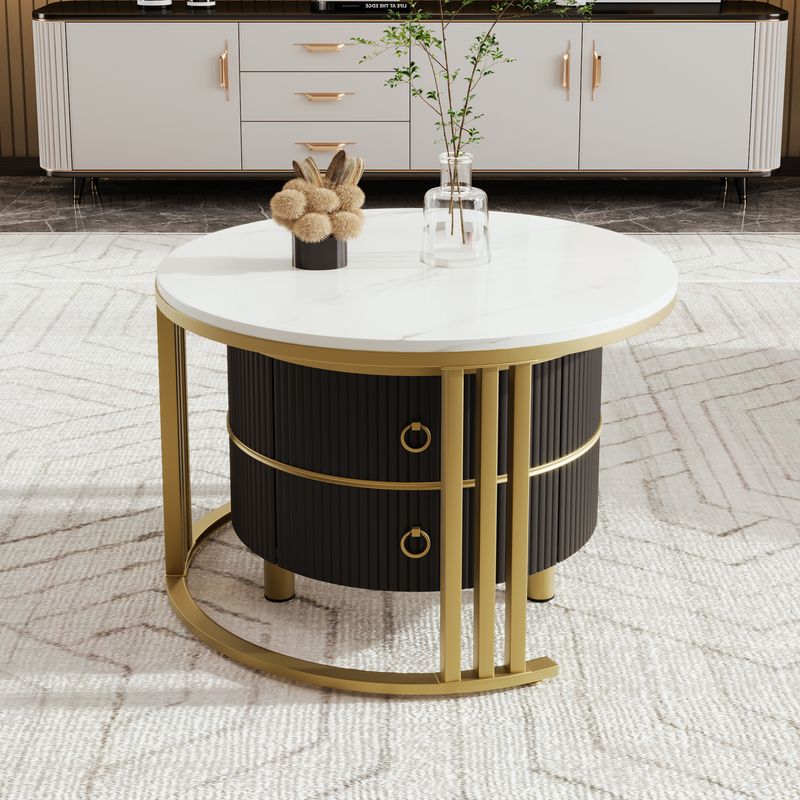 Table basse ronde 2 en 1 en MDF, table d'appoint avec plateau brillant et 1 plateau en marbre blanc, ensemble de table basse de salon avec 2 tiroirs, 70 x 70 x 46 cm + 50 x 50 x 40 cm_voghion.com