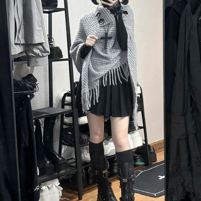 Zweiteiliges/einzelnes Set aus locker sitzendem Pullover mit Quastendesign und Faltenrock im College-Stil für Damen_voghion.com