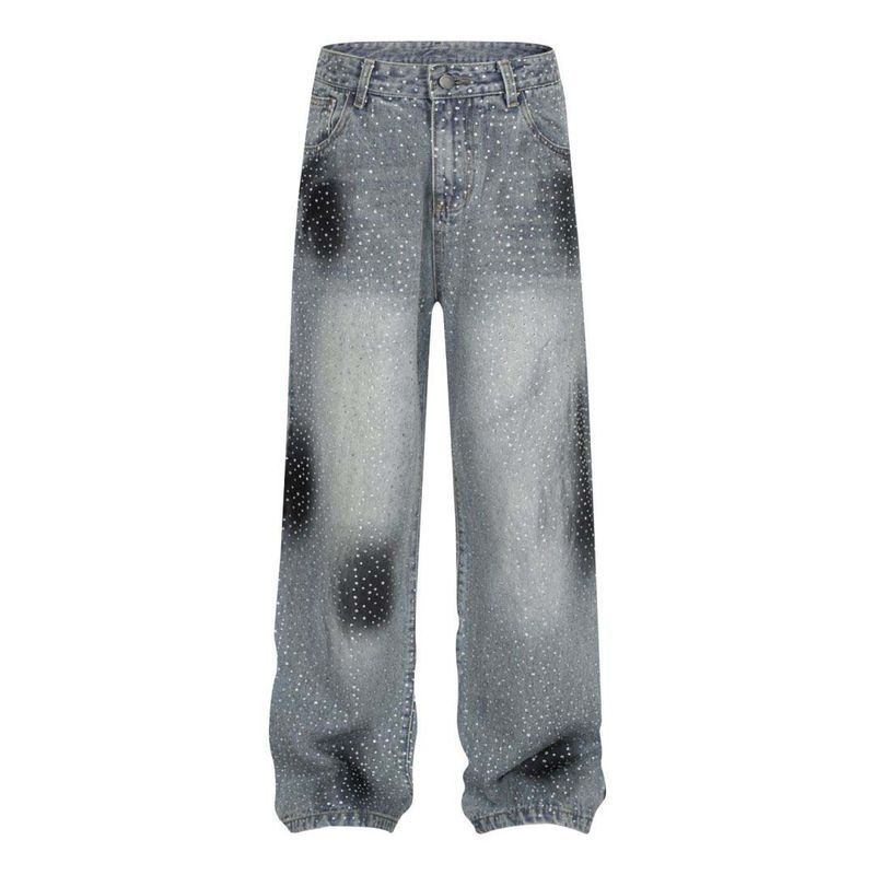 Herrenbekleidung, gewaschene Jeans mit Graffiti-Strass im Used-Look, Unisex-Modemarke, lockere Hose mit weitem Bein und geradem Bein_voghion.com