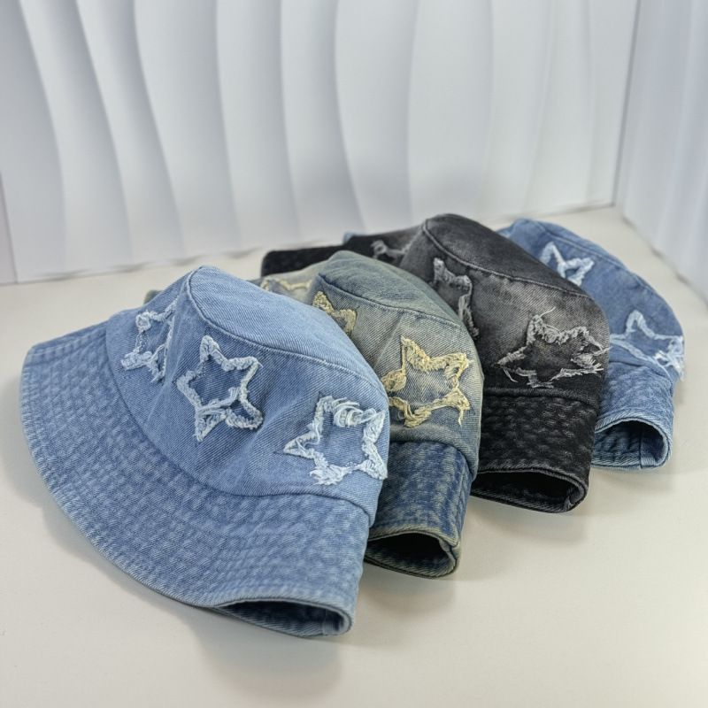 2024 New Five-Pointed Star Patch Gradient Denim Fisherman For Women Sweet Street Style Versatile Bucket Hat_voghion.com