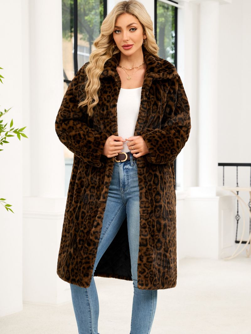 Women's Long Faux Fur Coat Leopard Print Winter Warm Thick Trench Style Outerwear Elegant Square Neckline With Pockets_voghion.com