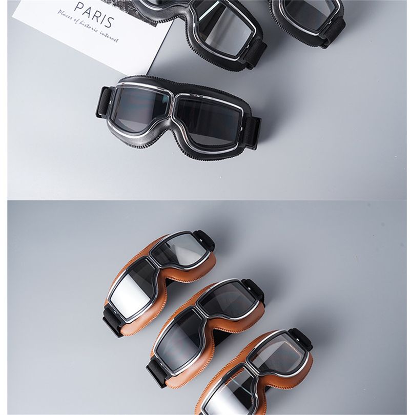 Muoti Retro Nahka Moottoripyörä Vintage Pilot -lasit Tuulenpitävät Yleiskäyttöiset Ulkopyöräily Pyöräilylasit Harley-kypärään_voghion.com