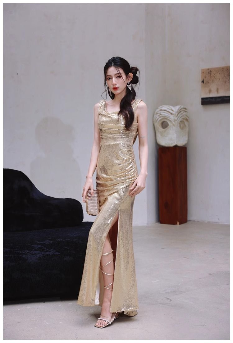 Damenbekleidung Gold Abendkleid Nischen Swing Kragen Rückenfreies Kleid Pailletten Party Lang Schmal Schlitz Laufsteg Kleid Rock_voghion.com