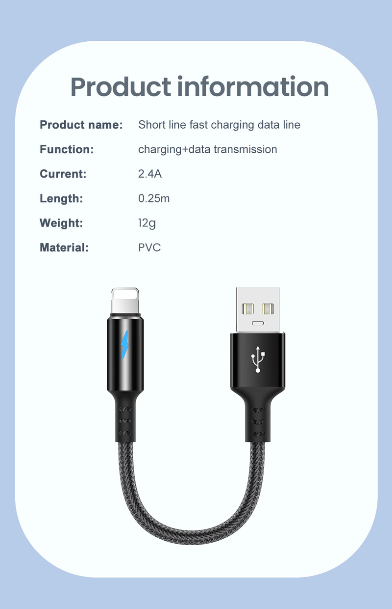 Cabo USB ultra curto de 25 cm adequado para iPhone USB A a cabo de dados de iluminação de 8 pinos 2.4A cabo de carregamento rápido sui_voghion.com