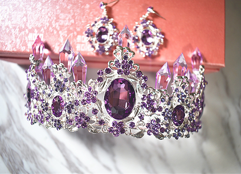 Brud koreansk lila kristallpelare stor krona tiara set bröllop drottning håraccessoarer barock krona_voghion.com