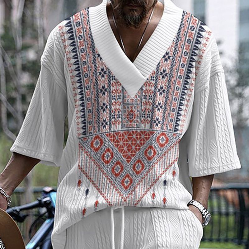 Camicia hawaiana oversize a maniche corte con scollo a V e spalle cadenti, casual, da uomo, in jacquard americano_voghion.com