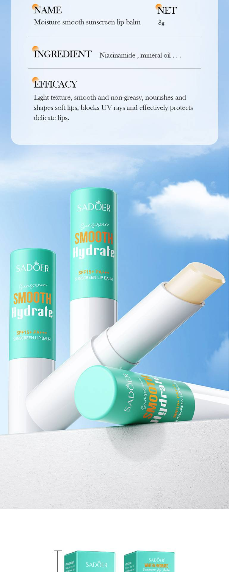 Rouge à lèvres avec protection solaire SPF 15, protection des lèvres, baume à lèvres hydratant et lissant, masque pour les lèvres, hydratation des lèvres, blocage des UVB, anti-UVA_voghion.com