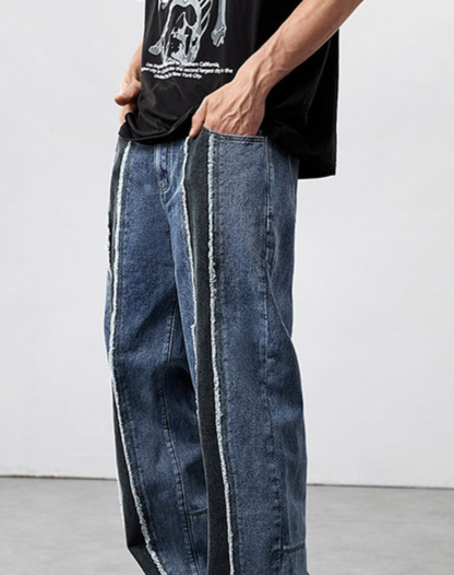 Abbigliamento maschile 2024 nuovo stile moda design giunture drappeggio pantaloni lavaggio vita alta pantaloni denim dritti gamba larga larghi e aderenti_voghion.com