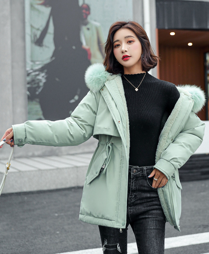 Women's Clothing Winter A Line Version Of Mid Length Cotton Jacket Plus Velvet Lining Large Fur Collar Large Size Waist And Short Outerwear_voghion.com