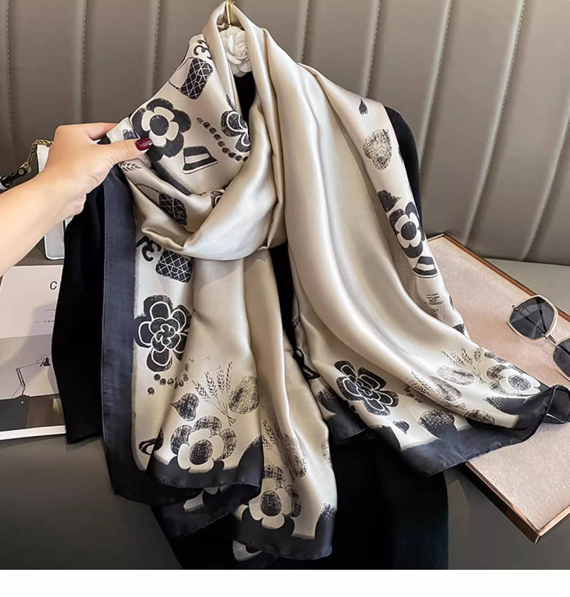 Elegante beige kleine duftende Wind Blumen Simulation Seide Schal weibliche koreanische Version der Herbst und Winter dünne Abschnitt Seide_voghion.com