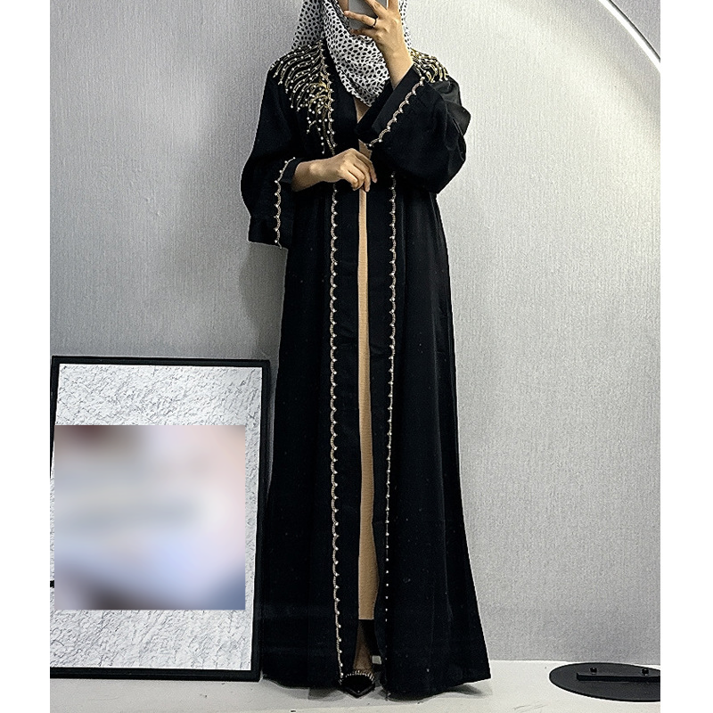 Stílusos és elegáns hímzett gyöngyös kardigán muszlim Abaya_voghion.com