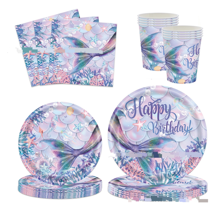 Fournitures de fête d'anniversaire sirène Princesse Anniversaire d'enfants Thème sous-marin Ensemble de nappes en papier jetables_voghion.com
