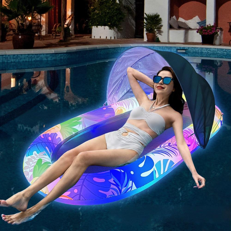 Aufblasbarer Sonnenschutz-Schwimmkörper mit LED-Leuchten, blumenförmiger Lounge-Sessel für Pool, Strand, See, atmungsaktive Netzrückenlehne, U-förmiger Sitz_voghion.com