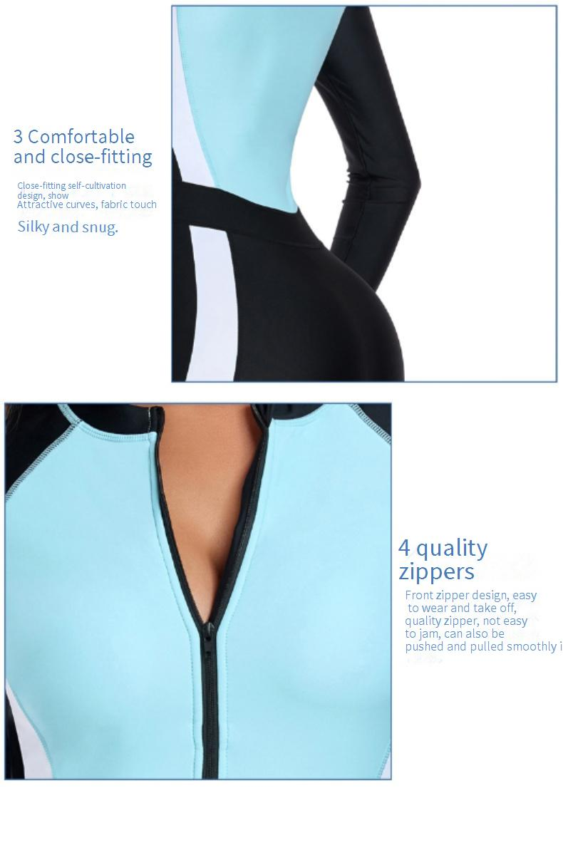 Costume da bagno intero a maniche lunghe da donna - Rash guard completo con cerniera frontale, vestibilità aderente e design a blocchi di colore per surf, sorgenti termali e immersioni._voghion.com
