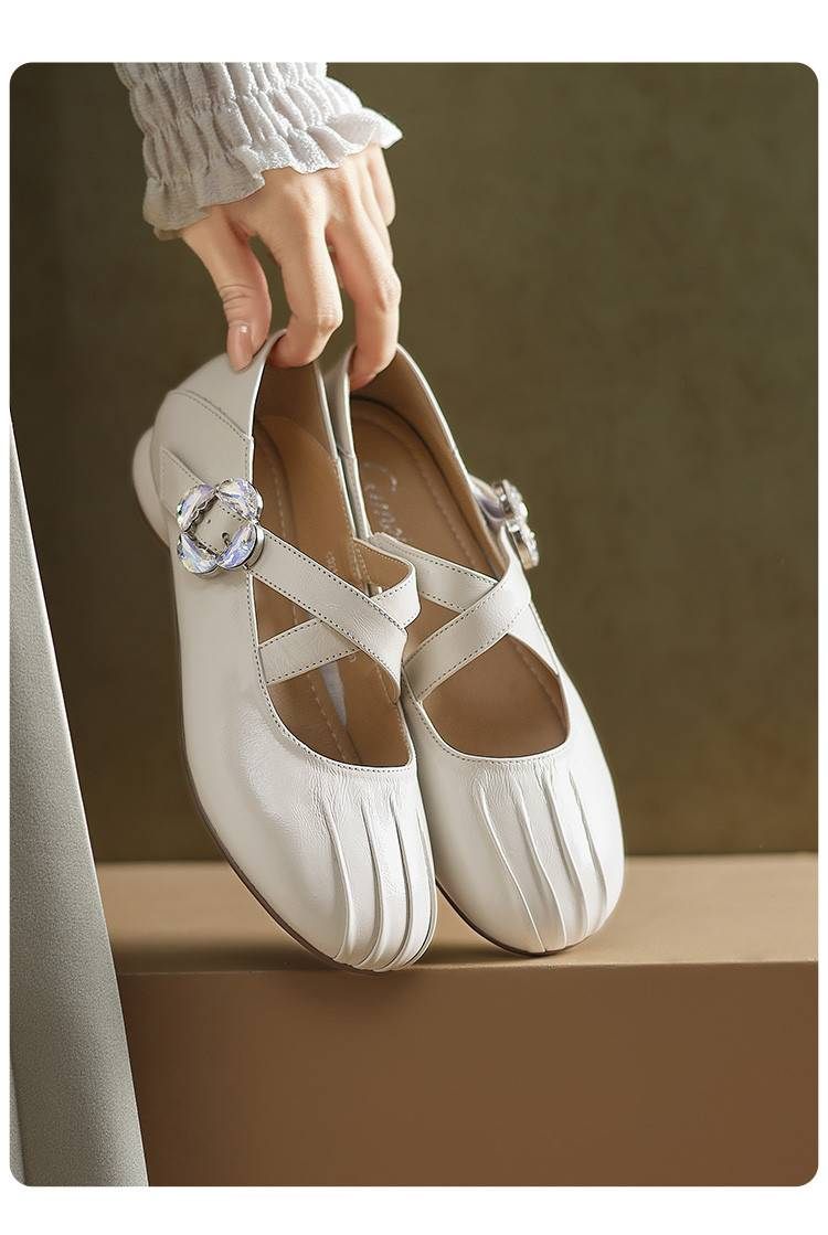 【Soft Sole And Soft Upper】Cameido Round Toe Pleated Flat Cross Strap Ballet Shoes For Autumn Mary Jane Style_voghion.com