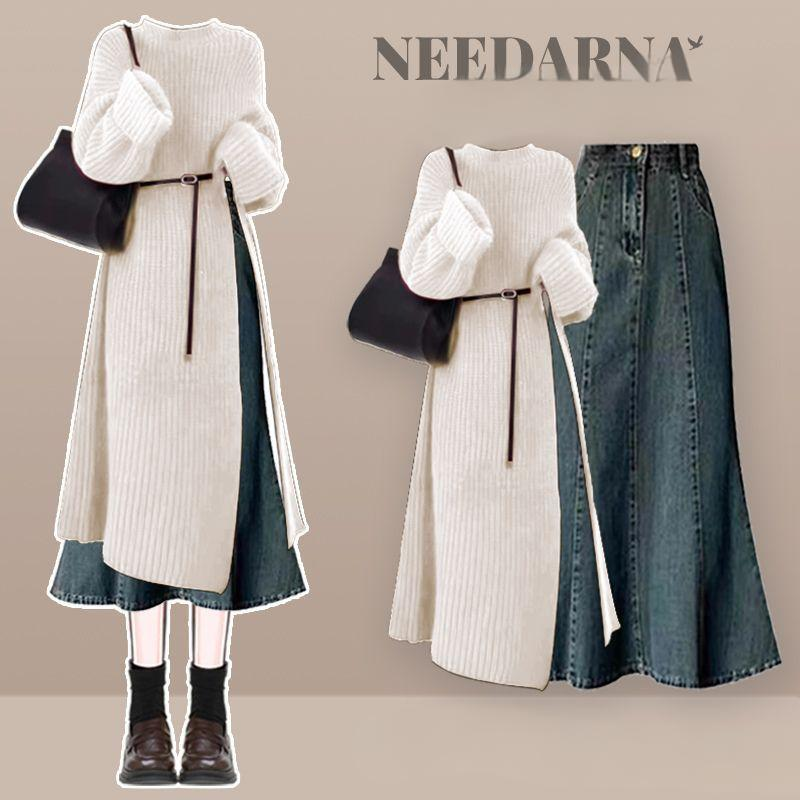 Conjunto de suéter y falda vaquera chic y sencillo: un acogedor conjunto otoñal de dos piezas con cinturón ajustable._voghion.com