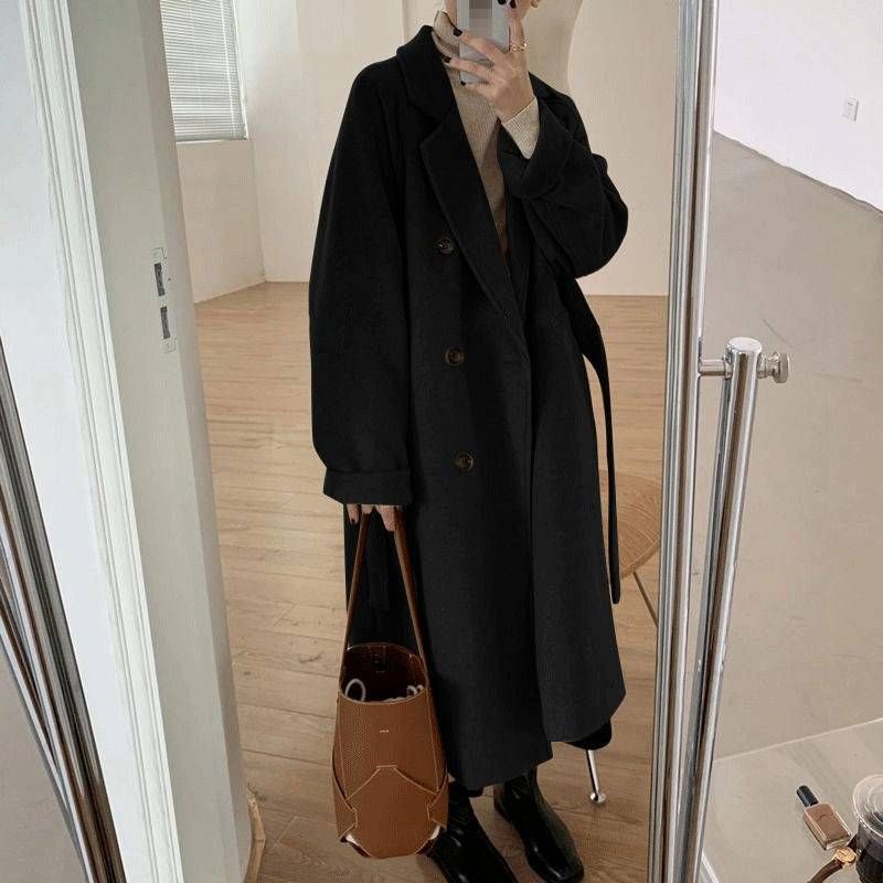 Women's Elegant Chenille Trench Coat – Audrey Hepburn-Inspired Short Wool Coat With Belt (Black/Coffee)_voghion.com