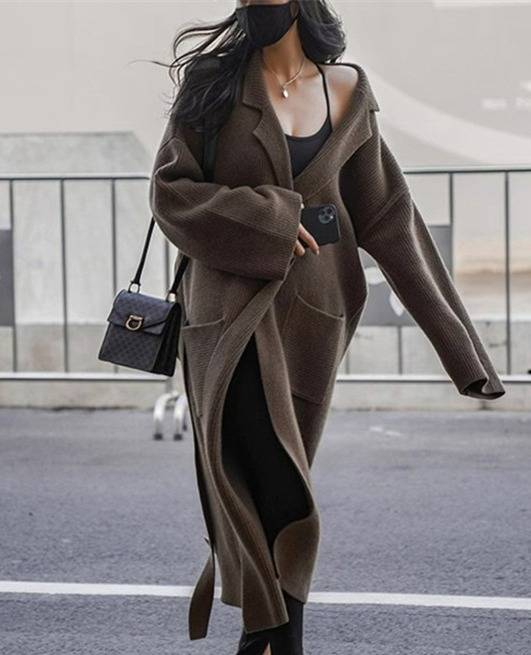 Women's Long Cardigan Sweater Coat – Oversized Lapel Knit Wrap (One Size, Black/Grey/Brown, Fall & Winter Essential)_voghion.com