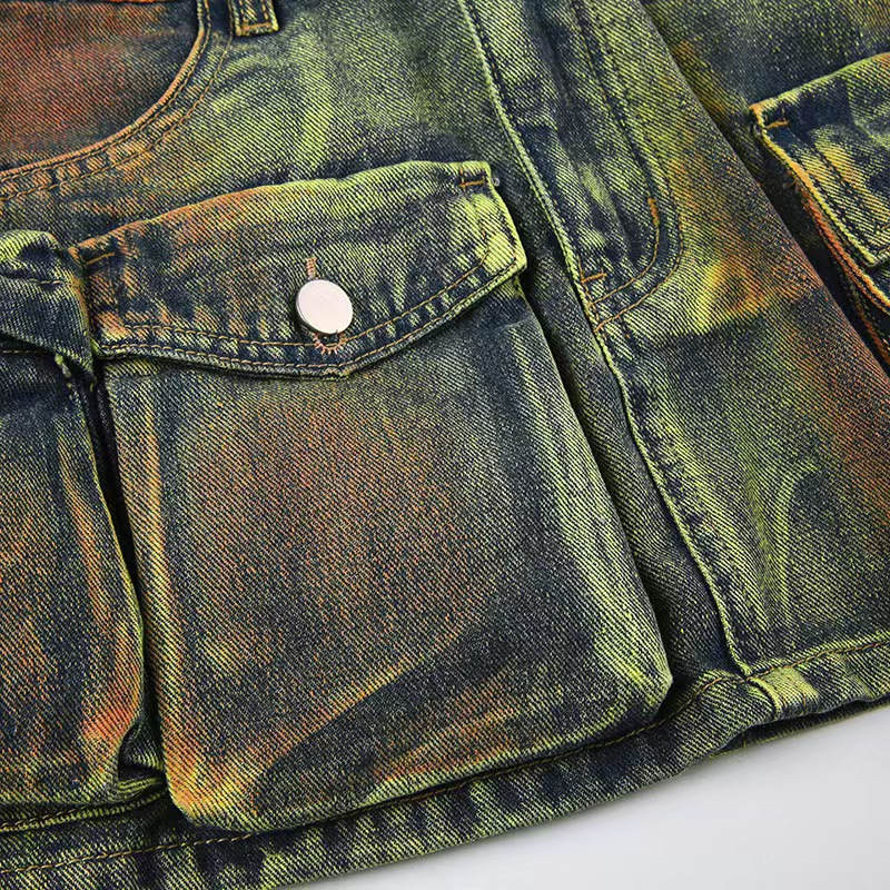 versleten driedimensionale multi-pocket denim minirok met hoge taille asymmetrische beenverlengende A-lijn rok_voghion.com