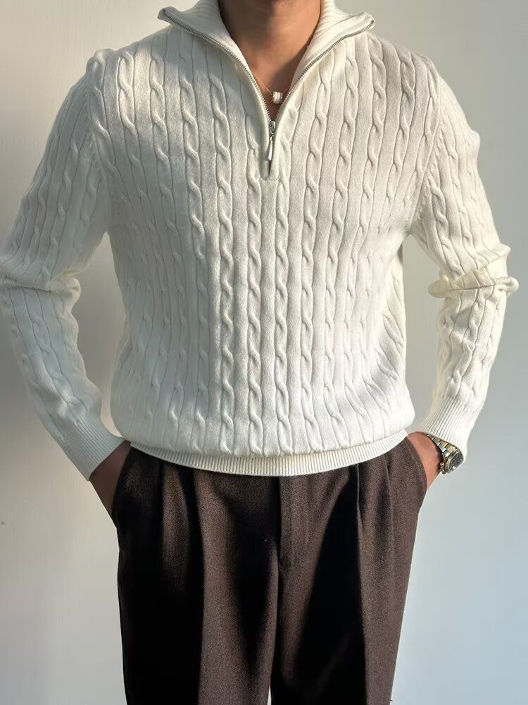 Maglione con mezza zip da uomo autunno 2024 nuova versione coreana di nicchia versatile design a maglia spessa con colletto rovesciato_voghion.com