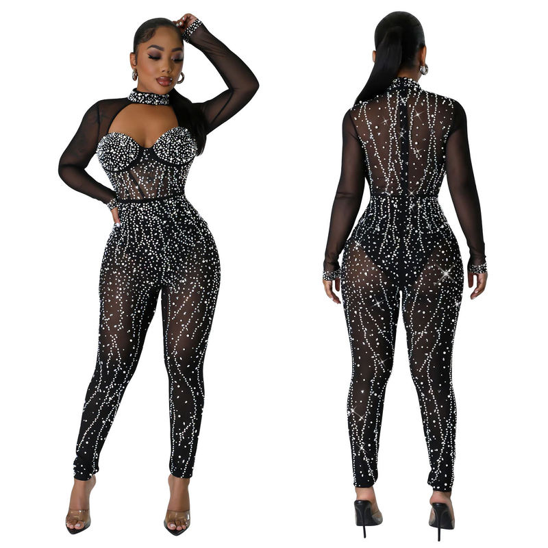 fashion women's solid color mesh hot diamond long-sleeved trousers jumpsuit_voghion.com