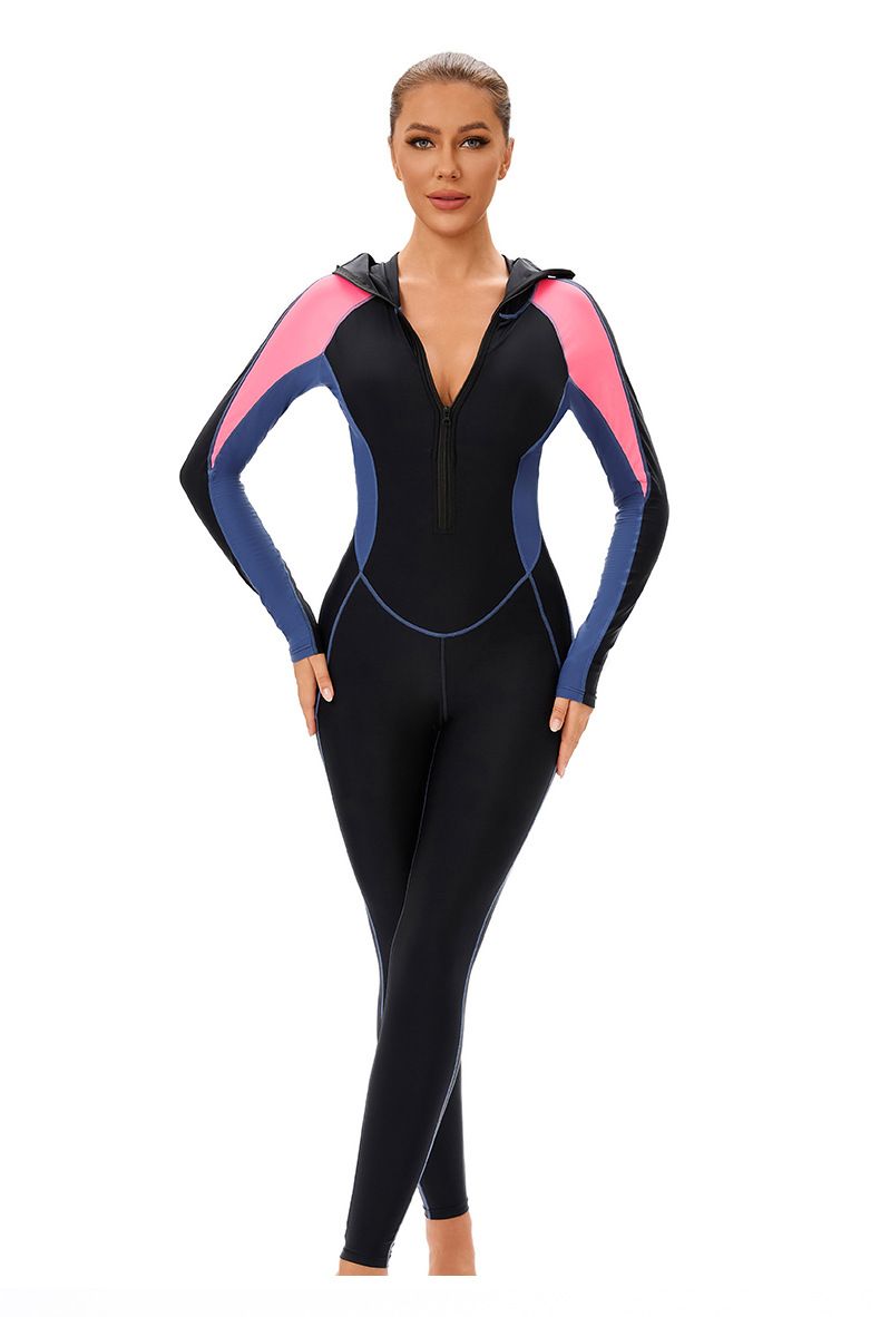 Cross Border New Color Matching One Piece Long Sleeved Sunscreen Women's Swimsuit Middle East Full Coverage Conservative Muslim Trousers Swimsuit_voghion.com