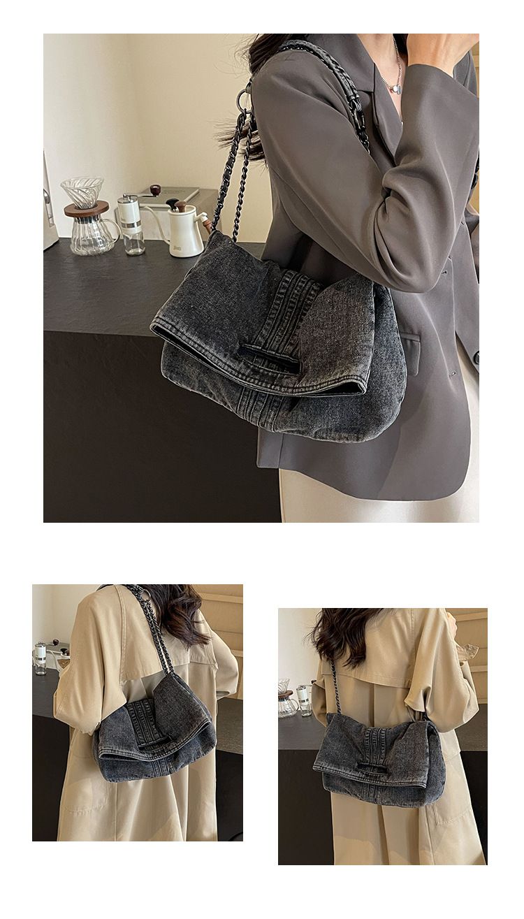 Borsa a tracolla singola con tracolla a catena in denim, nuova e capiente, da donna, stile pendolare, cross-border_voghion.com