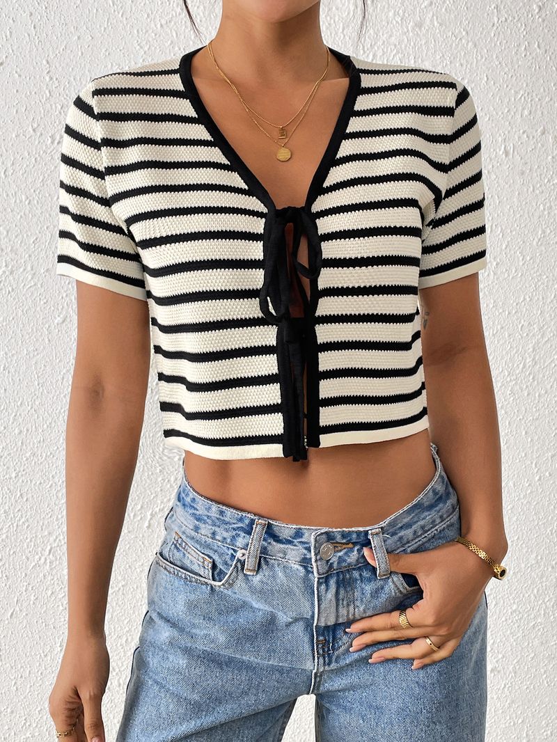 Cardigan da donna a righe in maglia a maniche corte con scollo a V – Maglia leggera da indossare a strati per la primavera e l'estate_voghion.com